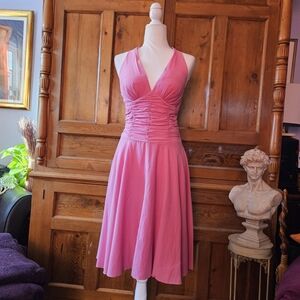 Elegant Fuscia Silk & Halter Dress With Gathered Bodice
